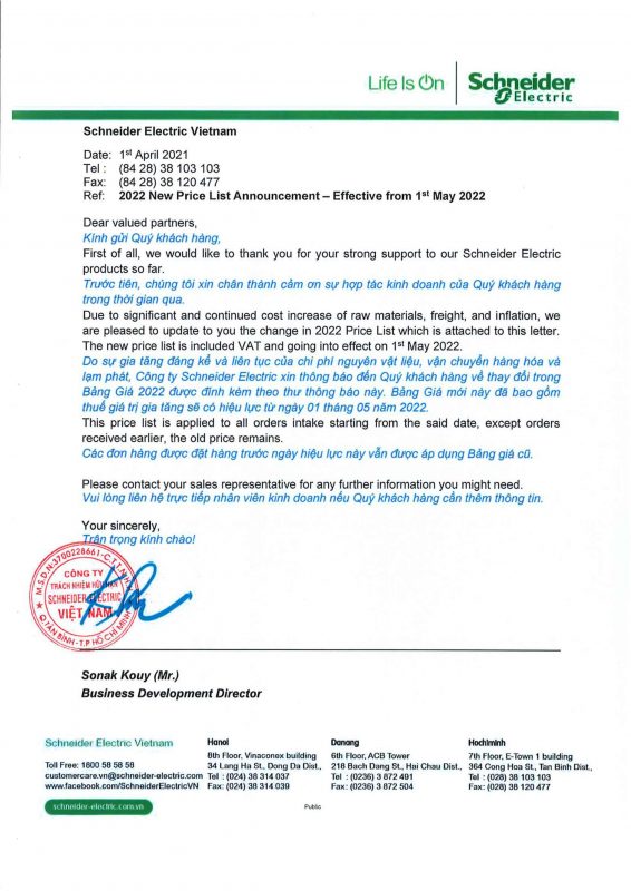 Thông Báo Tăng Giá Thiết Bị Điện Schneider Tháng 5 năm 2022
